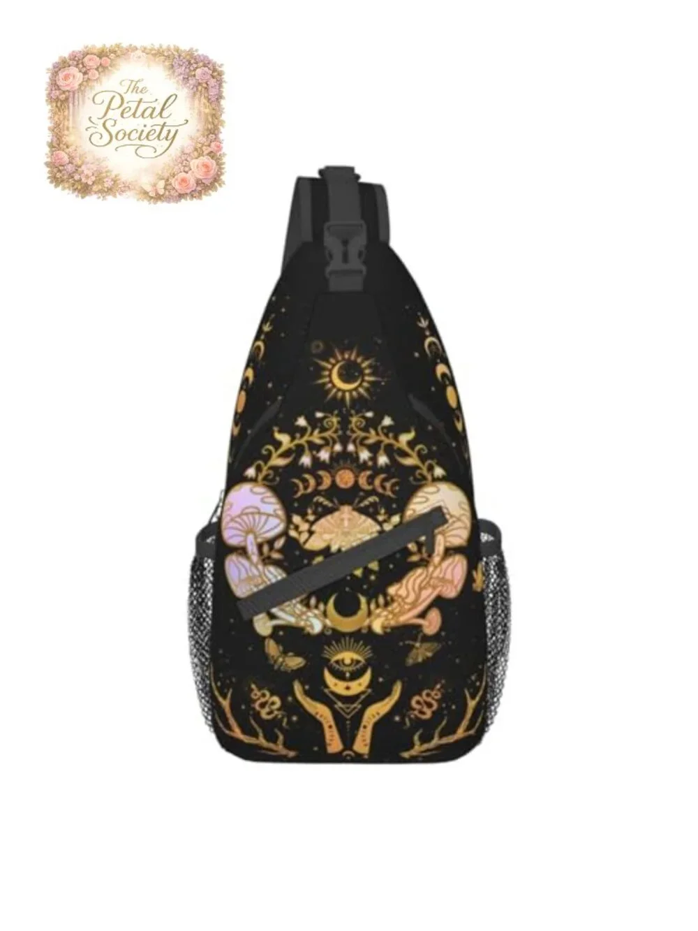 Witchy Crossbody Sling Bag with Moth Moon Mushroom Print, Polyester Travel Bag